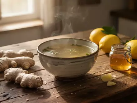 Eine dampfende Schüssel Hühnersuppe neben Ingwer, Zitronen und Honig auf einem Holztisch. - Foto: über boerse-global.de