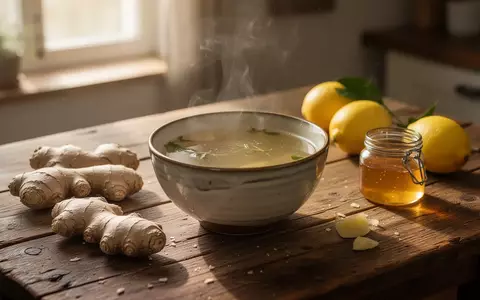 Eine dampfende Schüssel Hühnersuppe neben Ingwer, Zitronen und Honig auf einem Holztisch. - Foto: über boerse-global.de