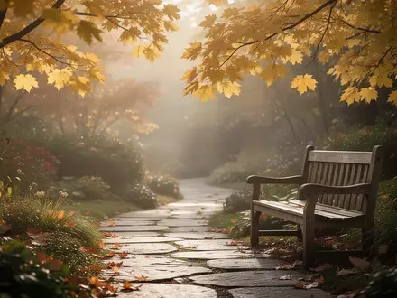 Ein sonnendurchfluteter Gartenweg im Herbst mit einer leeren Holzbank, der Ruhe und einen langsamen Genesungsprozess symbolisiert. - Foto: über boerse-global.de