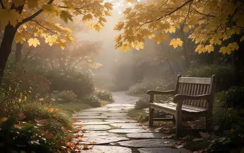 Ein sonnendurchfluteter Gartenweg im Herbst mit einer leeren Holzbank, der Ruhe und einen langsamen Genesungsprozess symbolisiert. - Foto: über boerse-global.de