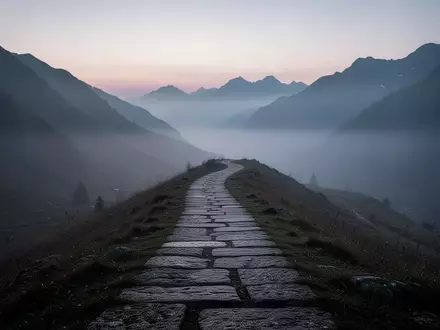 Ein einsamer, steiniger Pfad, der sich durch eine neblige Berglandschaft in der Morgendämmerung schlängelt. - Foto: über boerse-global.de