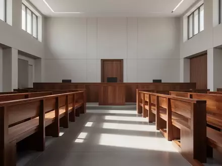Ein leerer, modern gestalteter Gerichtssaal mit polierten Holzbänken und hellem Tageslichteinfall. - Foto: über boerse-global.de