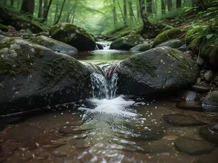 Eine klare Gebirgsquelle, die über von Moos bewachsene Steine in ein natürliches Becken fließt. - Foto: über boerse-global.de