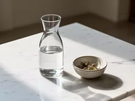 Eine leere Glaskaraffe und eine kleine Keramikschale mit Kräutern auf einer minimalistischen, weißen Oberfläche bei natürlichem Licht. - Foto: über boerse-global.de