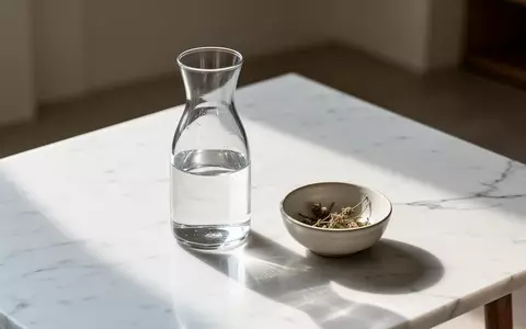 Eine leere Glaskaraffe und eine kleine Keramikschale mit Kräutern auf einer minimalistischen, weißen Oberfläche bei natürlichem Licht. - Foto: über boerse-global.de