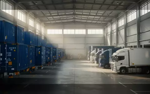 Moderne Logistik-Lagerhalle mit blauen Containern und abgestellten Sattelaufliegern an Laderampen. - Foto: über boerse-global.de