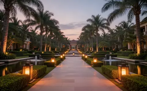 Ein ruhig beleuchteter Gartenweg in einer Luxus-Resortanlage bei Dämmerung mit üppiger Vegetation und warmem Licht. - Foto: über boerse-global.de