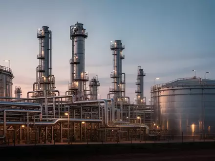 Industrielle Raffinerieanlagen bei Dämmerung mit komplexen Rohrleitungssystemen und Destillationstürmen. - Foto: über boerse-global.de