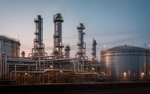 Industrielle Raffinerieanlagen bei Dämmerung mit komplexen Rohrleitungssystemen und Destillationstürmen. - Foto: über boerse-global.de