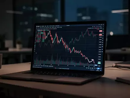 Ein Laptop-Bildschirm in einem dunklen Büro zeigt einen fallenden Aktienkursverlauf. - Foto: über boerse-global.de