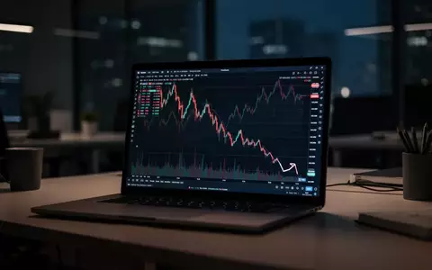 Ein Laptop-Bildschirm in einem dunklen Büro zeigt einen fallenden Aktienkursverlauf. - Foto: über boerse-global.de