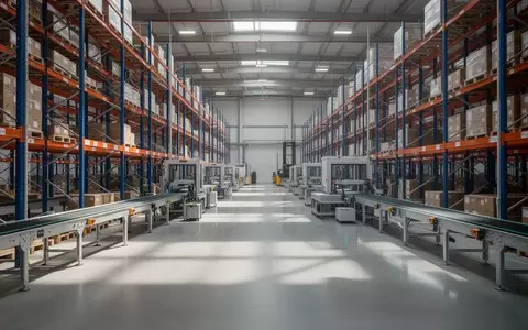 Ein modernes, aufgeräumtes Lagerhaus mit Hochregalen und automatischen Förderbändern in einer Industriehalle. - Foto: über boerse-global.de