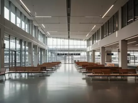Moderner, lichtdurchfluteter Wartebereich in einem Bahnhof mit Holzbänken und architektonischem Design. - Foto: über boerse-global.de