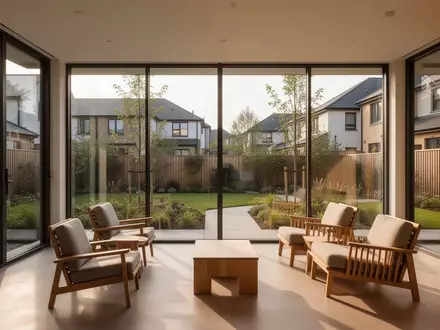 Ein heller, moderner Gemeinschaftsraum mit großen Fenstern und Blick in einen Garten, der als Begegnungsstätte dient. - Foto: über boerse-global.de
