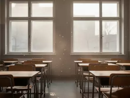 Ein leerer, sonnendurchfluteter Klassenraum mit schlichten Holztischen und StĂĽhlen in einer ruhigen Lernumgebung. - Foto: ĂĽber boerse-global.de
