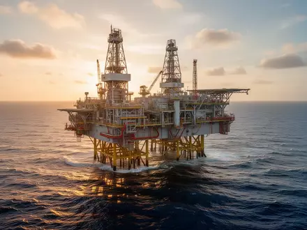 Eine moderne Offshore-Öl- und Gasförderplattform auf dem offenen Meer während der goldenen Stunde. - Foto: über boerse-global.de