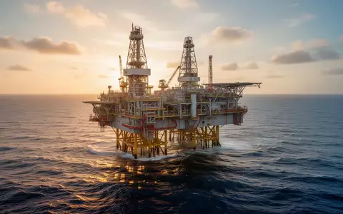 Eine moderne Offshore-Öl- und Gasförderplattform auf dem offenen Meer während der goldenen Stunde. - Foto: über boerse-global.de