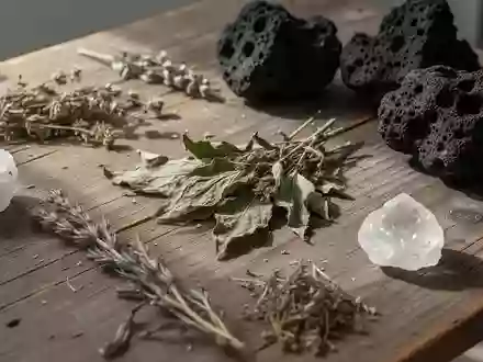 Nahaufnahme von getrockneten Heilpflanzen und mineralischen Naturstoffen auf einem hölzernen Labortisch. - Foto: über boerse-global.de