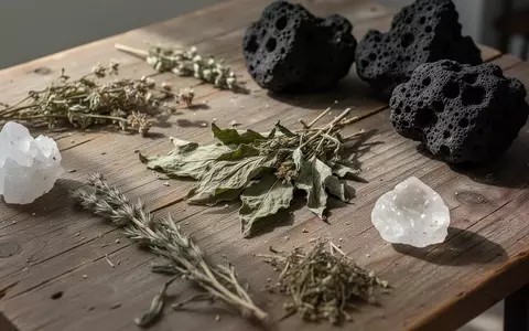 Nahaufnahme von getrockneten Heilpflanzen und mineralischen Naturstoffen auf einem hölzernen Labortisch. - Foto: über boerse-global.de