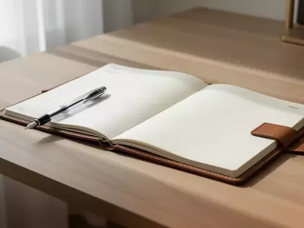 Ein leeres, aufgeschlagenes Notizbuch und ein Füllfederhalter auf einem minimalistischen Schreibtisch bei natürlichem Licht. - Foto: über boerse-global.de