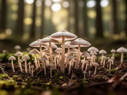 Nahaufnahme von kleinen Waldpilzen auf moosigem Waldboden im natürlichen Licht. - Foto: über boerse-global.de