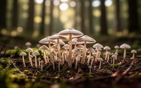 Nahaufnahme von kleinen Waldpilzen auf moosigem Waldboden im natürlichen Licht. - Foto: über boerse-global.de