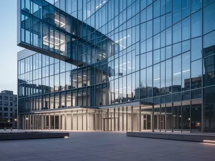 Modernes Bürogebäude in der Dämmerung mit minimalistischer Architektur und ruhigem Vorplatz. - Foto: über boerse-global.de