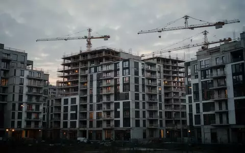 Unvollendete Wohnbauprojekte einer Immobilienfirma auf einer urbanen Baustelle bei Dämmerung. - Foto: über boerse-global.de