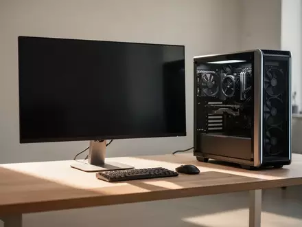 Ein minimalistischer Arbeitsplatz mit einem ausgeschalteten Monitor und einem Computer in einem hellen Studio. - Foto: über boerse-global.de