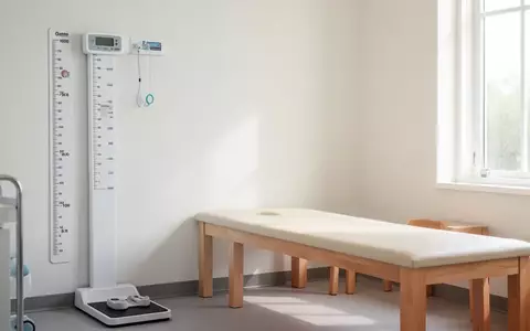 Ein helles, modernes Behandlungszimmer in einer Kinderarztpraxis mit einer Wandmesslatte und einer Untersuchungsliege. - Foto: über boerse-global.de
