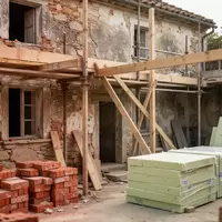 Nahaufnahme einer Hausfassade während der Sanierung mit Baumaterialien und Holzgerüst in einem Hof - Foto: über boerse-global.de