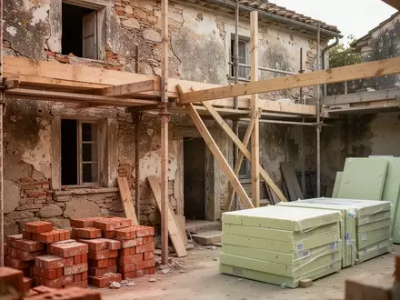 Nahaufnahme einer Hausfassade während der Sanierung mit Baumaterialien und Holzgerüst in einem Hof - Foto: über boerse-global.de