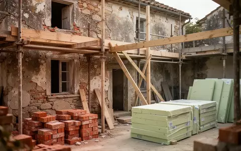 Nahaufnahme einer Hausfassade während der Sanierung mit Baumaterialien und Holzgerüst in einem Hof - Foto: über boerse-global.de