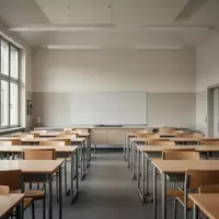 Ein leerer, modern gestalteter Klassenraum mit hellen Holztischen und großen Fenstern in einem Schulgebäude. - Foto: über boerse-global.de