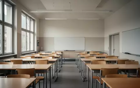 Ein leerer, modern gestalteter Klassenraum mit hellen Holztischen und großen Fenstern in einem Schulgebäude. - Foto: über boerse-global.de
