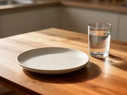 Ein leerer Teller und ein Glas Wasser auf einem Holztisch in natürlichem Morgenlicht als Symbol für gesunde Ernährung. - Foto: über boerse-global.de