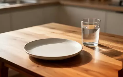 Ein leerer Teller und ein Glas Wasser auf einem Holztisch in natürlichem Morgenlicht als Symbol für gesunde Ernährung. - Foto: über boerse-global.de