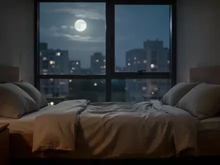 Ein minimalistisch eingerichtetes Schlafzimmer bei Nacht mit sanftem Mondlicht, das durch ein Fenster auf die Bettwäsche fällt. - Foto: über boerse-global.de