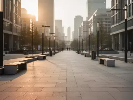 Ein moderner, menschenleerer Stadtplatz mit gepflasterten Wegen und minimalistischen Sitzgelegenheiten in der Abendsonne. - Foto: über boerse-global.de