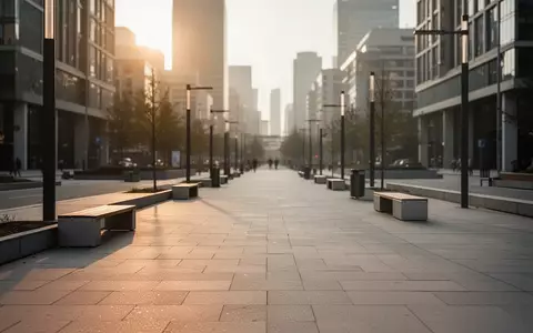 Ein moderner, menschenleerer Stadtplatz mit gepflasterten Wegen und minimalistischen Sitzgelegenheiten in der Abendsonne. - Foto: über boerse-global.de