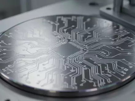 Nahaufnahme von komplexen, geometrischen Schaltkreisstrukturen auf einem glänzenden Silizium-Wafer in einer Reinraumumgebung. - Foto: über boerse-global.de