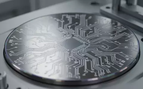 Nahaufnahme von komplexen, geometrischen Schaltkreisstrukturen auf einem glänzenden Silizium-Wafer in einer Reinraumumgebung. - Foto: über boerse-global.de