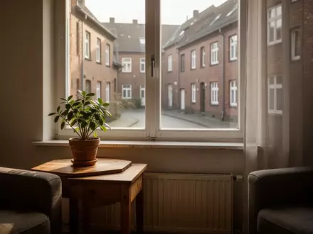 Ein sonnendurchflutetes Wohnzimmer mit Blick auf eine ruhige Wohnstraße in einer deutschen Stadt. - Foto: über boerse-global.de