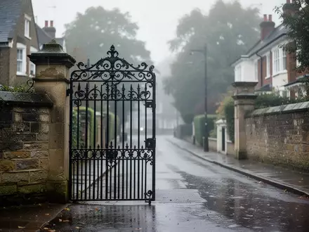 Eine ruhige, leere Wohnstraße in einem britischen Vorort mit einem historischen Eisentor und einer Steinmauer. - Foto: über boerse-global.de