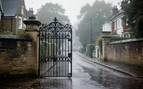 Eine ruhige, leere Wohnstraße in einem britischen Vorort mit einem historischen Eisentor und einer Steinmauer. - Foto: über boerse-global.de