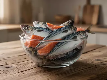 Frischer fetter Seefisch wie Lachs und Makrele in einer Glasschale auf einem Holztisch als Symbol für Omega-3-Quellen. - Foto: über boerse-global.de