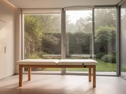Ein heller, minimalistischer Behandlungsraum in einer Physiotherapiepraxis mit Blick in einen grünen Garten. - Foto: über boerse-global.de