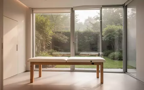 Ein heller, minimalistischer Behandlungsraum in einer Physiotherapiepraxis mit Blick in einen grünen Garten. - Foto: über boerse-global.de