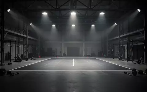 Eine leere, industrielle Trainingsarena mit minimalistischen Stahlkonstruktionen und dramatischem Licht in einer Wettkampfhalle. - Foto: über boerse-global.de