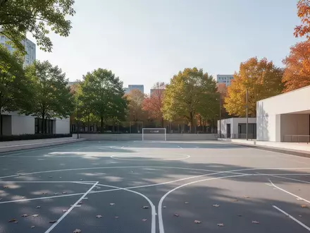 Ein moderner, minimalistischer Sportplatz im Freien mit grauem Bodenbelag und weißen Markierungslinien bei Tageslicht. - Foto: über boerse-global.de